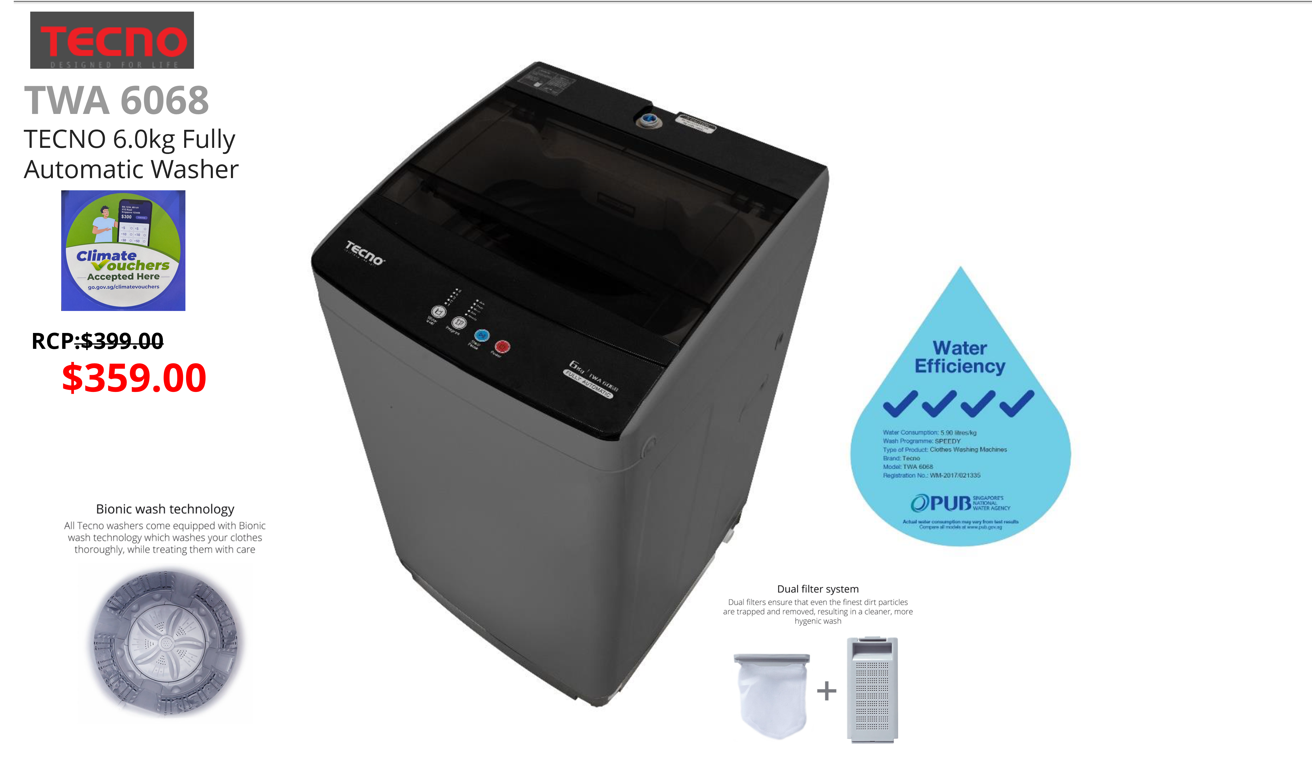 TWA 6068 BK Tecno 6.0kg Fully Automatic Washer – 4 Ticks