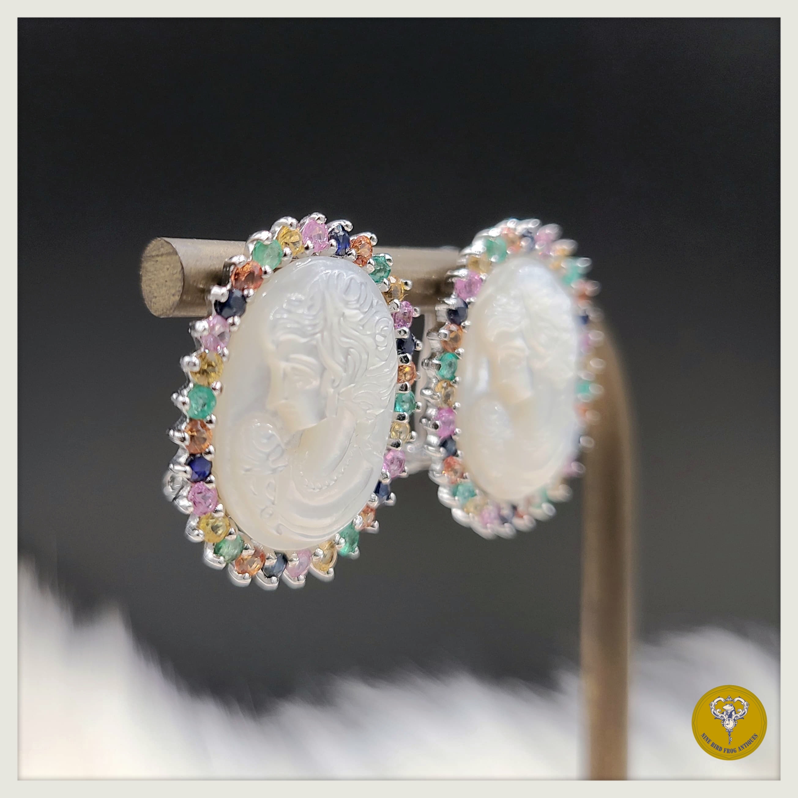 彩色水晶貝母Cameo純銀耳環