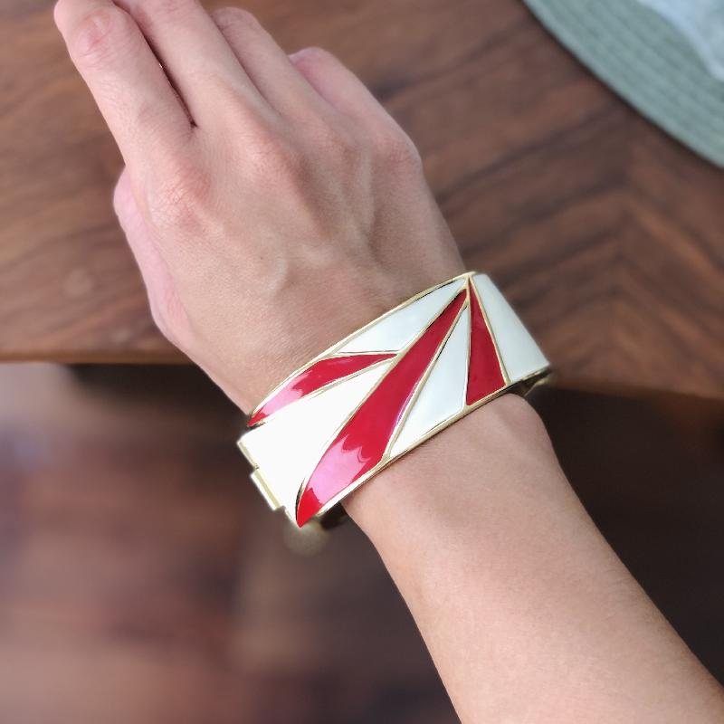 C.a. 1980s Monet Red X Ivory Geometric Enamel Jewelry New Old Stock- Bangle Bracelet (MT1622)