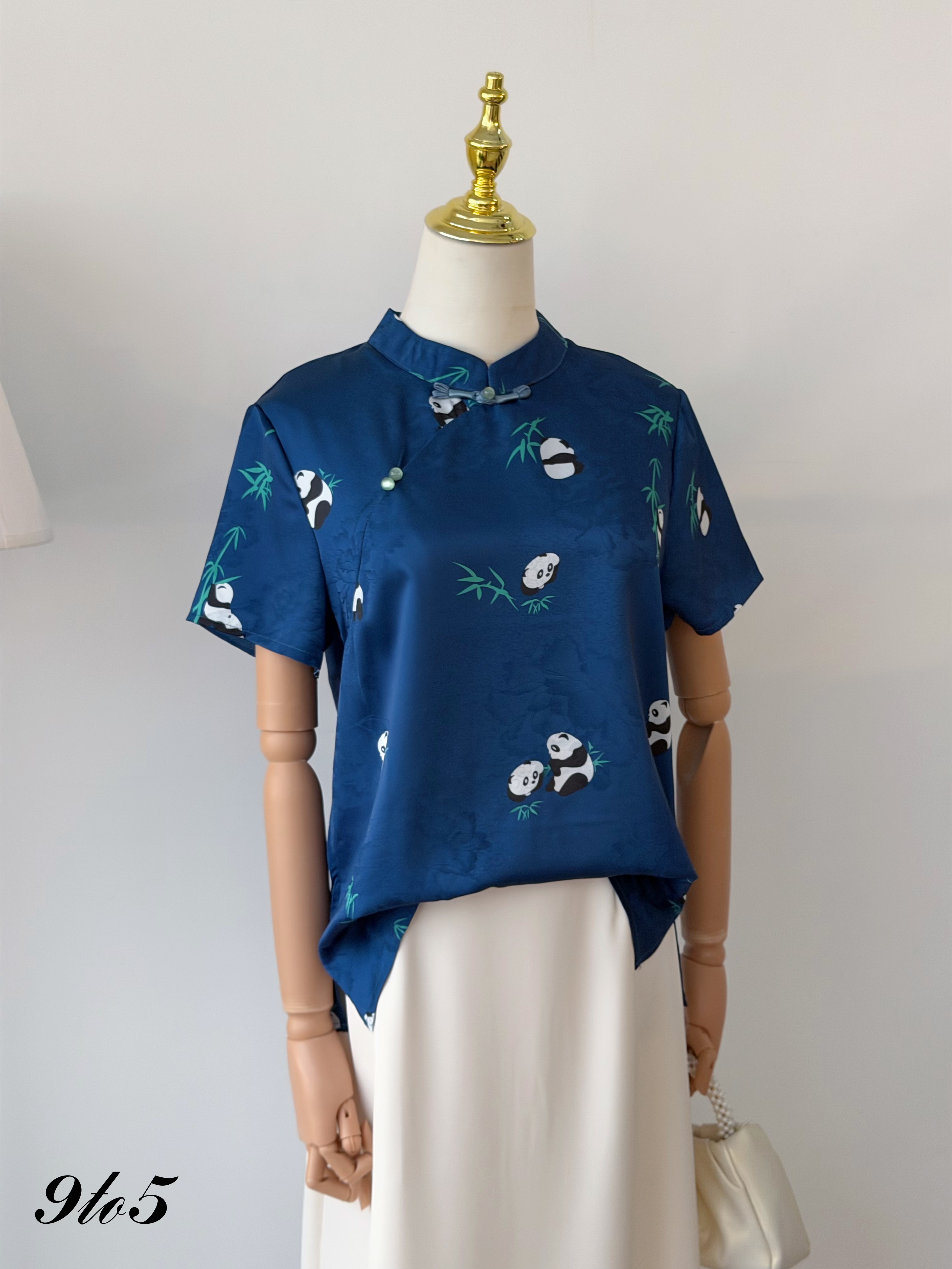 T4488 Short Sleeve Panda Cheongsam Top - Blue