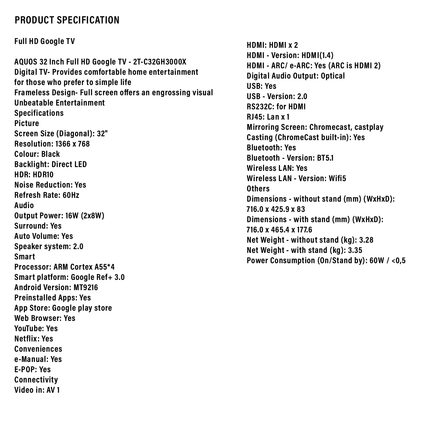 Sharp 32" HD Ready Google TV (2TC32GH3000X)