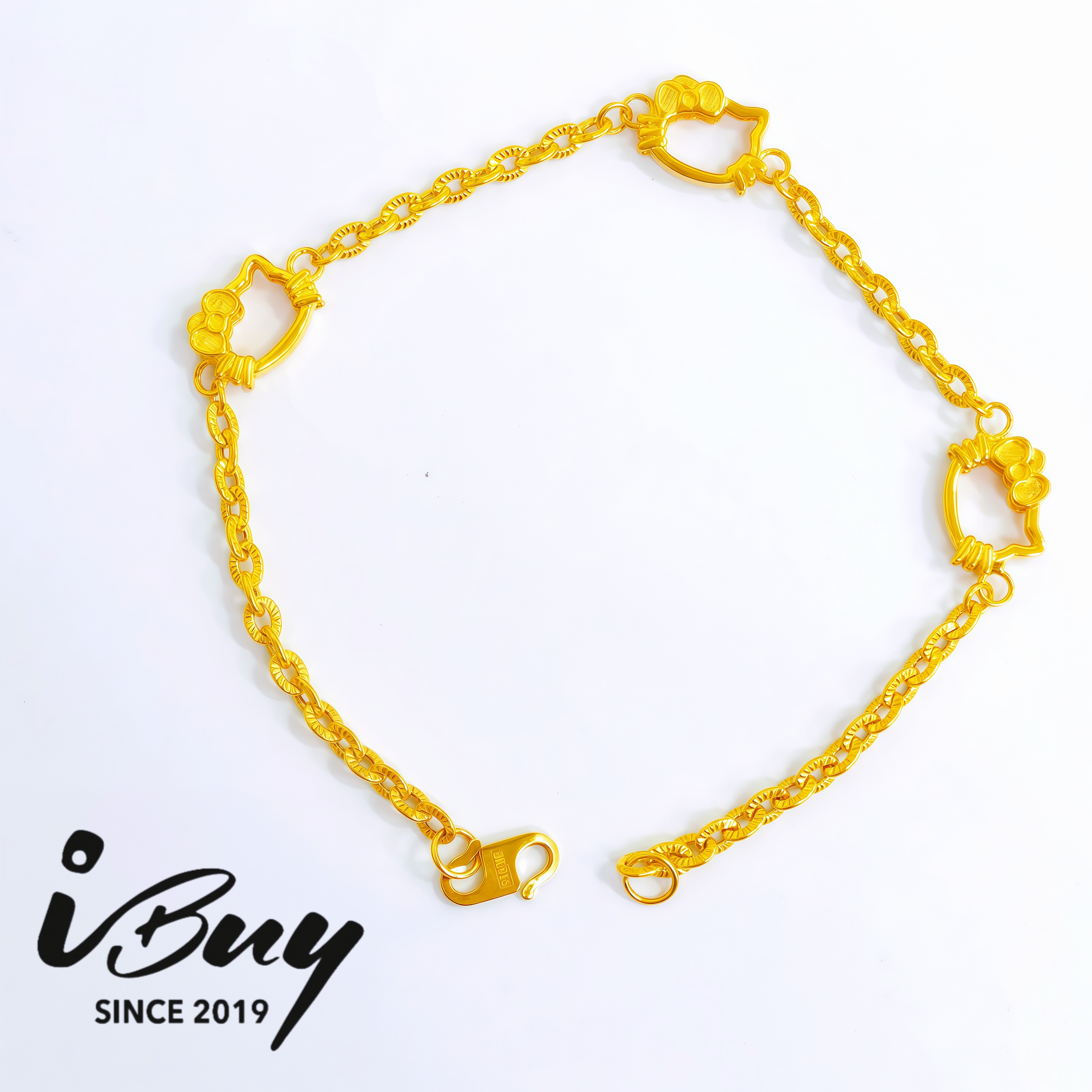 916 GOLD THREE HELLO KITTY POLO STAR BRACELET 18CM 916 金 三花吉蒂猫太阳花手链