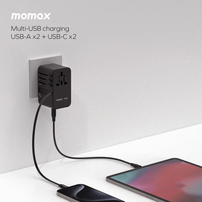 Momax 1-World+ 70W GaN 3插口及內置伸縮USB-C充電線旅行插座(黑色)