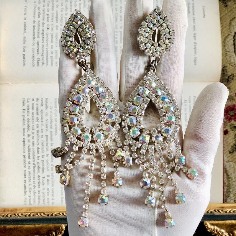 C.a. 1980s Sparkling Aurora borealis Chandelier Statement Cocktail Clip Earrings (MT1765)