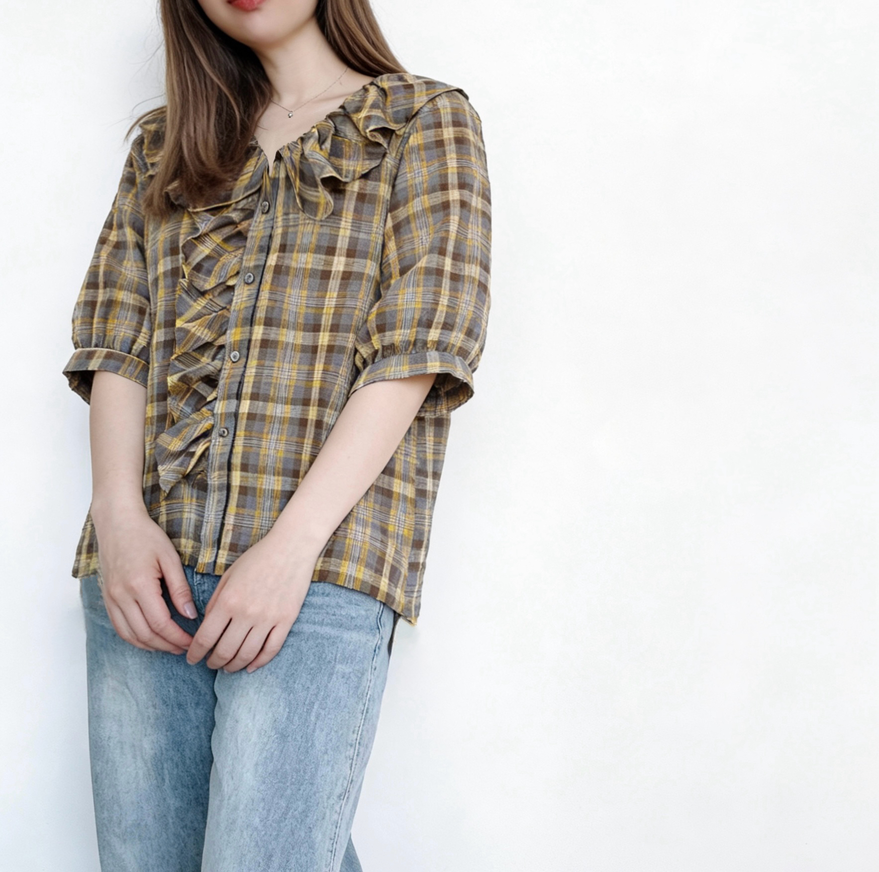 🌼初春優惠🍀 撞色格仔Ruffle Top