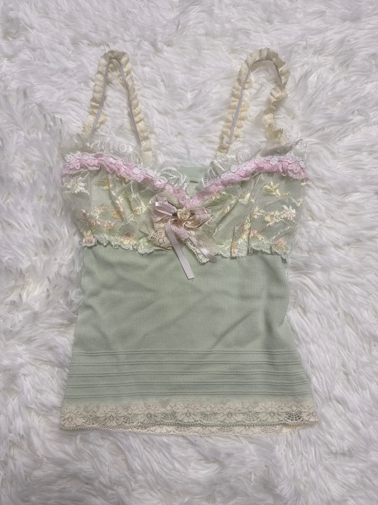 Soft Mint Balletcore Lace Rose Remade Camisole