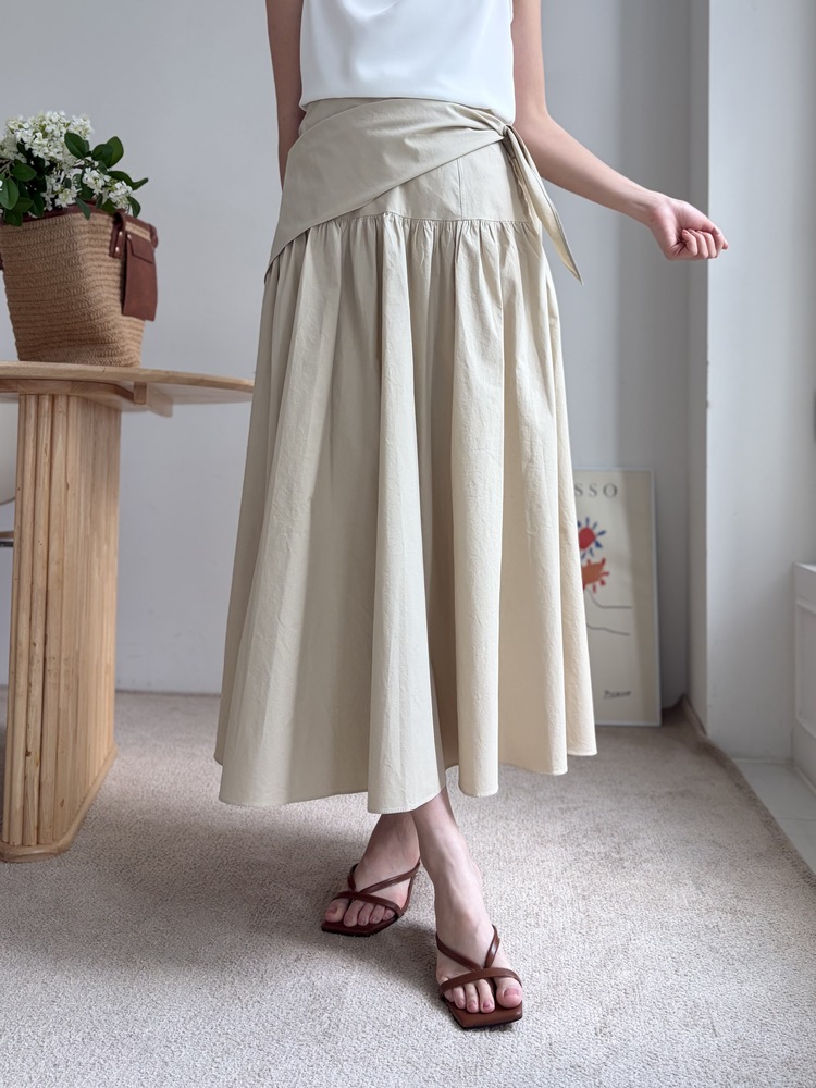 Wrap-Waist Flare Skirt (Beige)