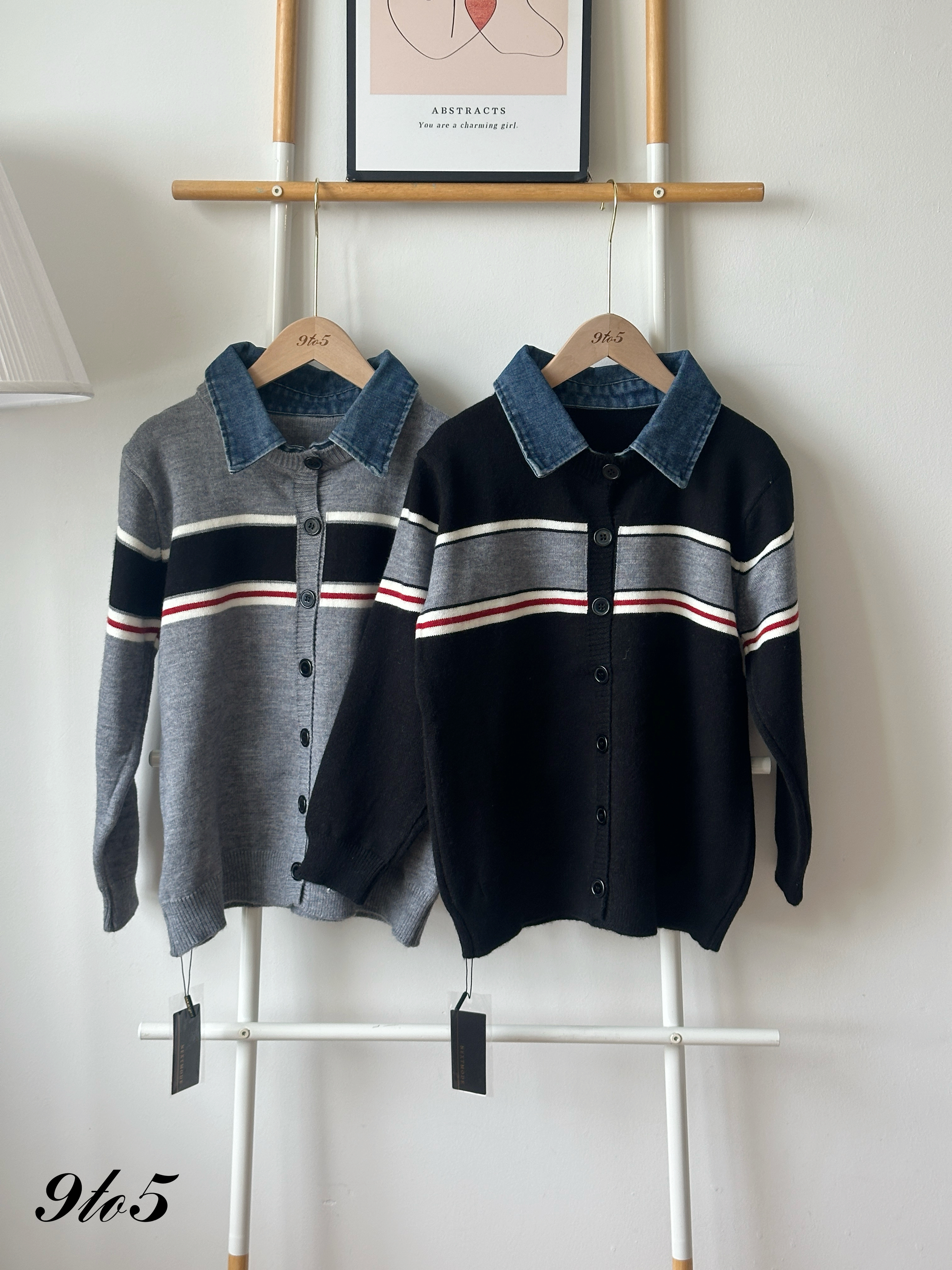 T4359 Denim Collar Knit Sweater - Black & Grey