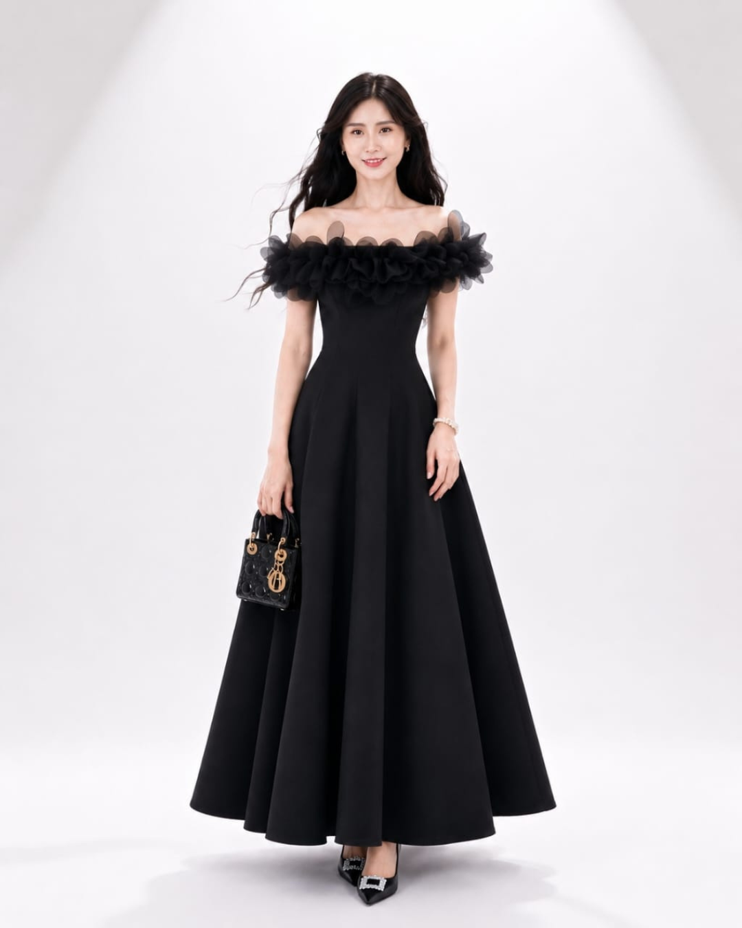 5136 Viviana Luxury Petal Neckline Off-Shoulder Maxi Dress