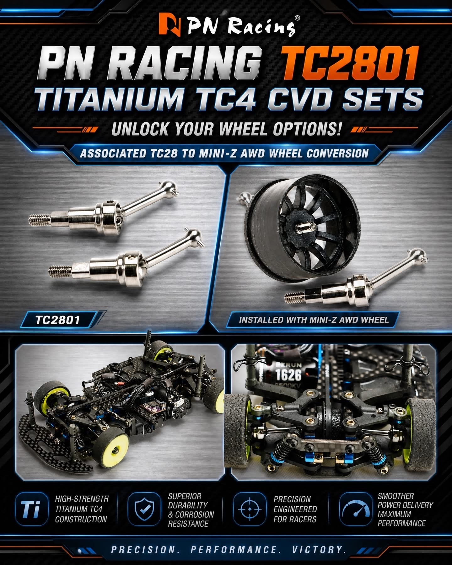 PN Racing Titanium TC4 CVD Sets (2pcs) For Associated TC28 (Mini-Z AWD Wheel Conversion)  TC2801