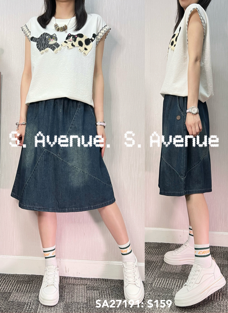 SA27191: 短袖繡貓貓繡袖邊tee