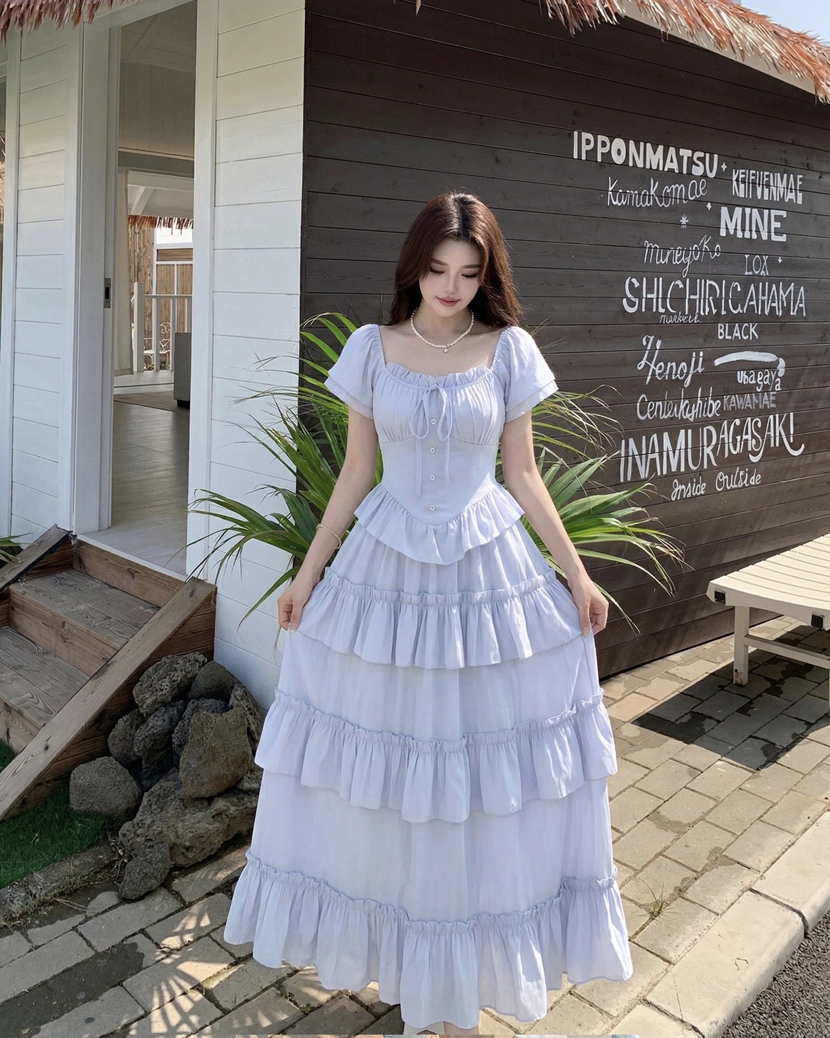 B189(8665) 法式蝴蝶结系带领边显瘦腰荷叶拼下摆层层蛋糕荷叶蓝连身裙 