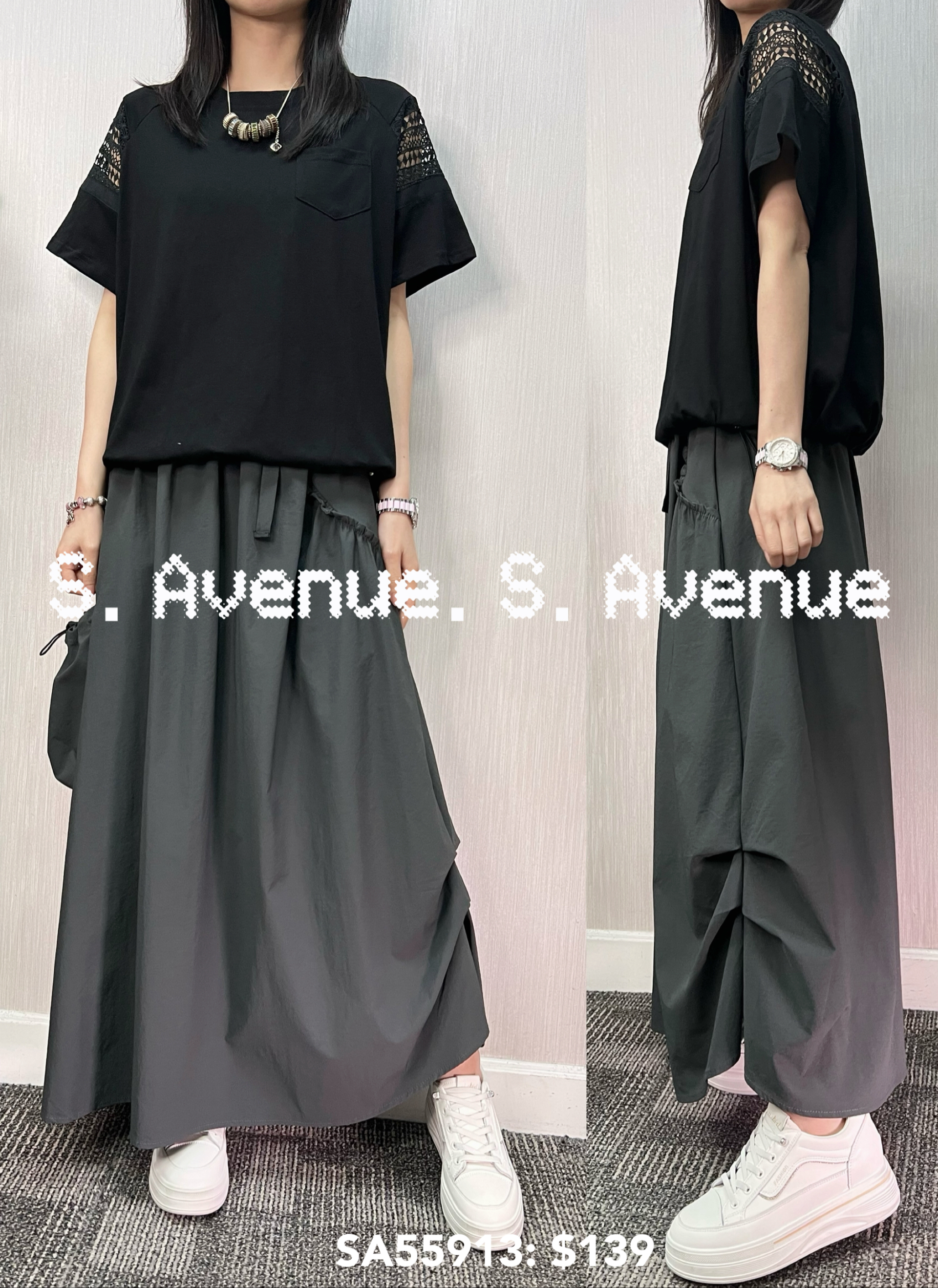 SA55913: 短袖袖勾花單袋束腳tee