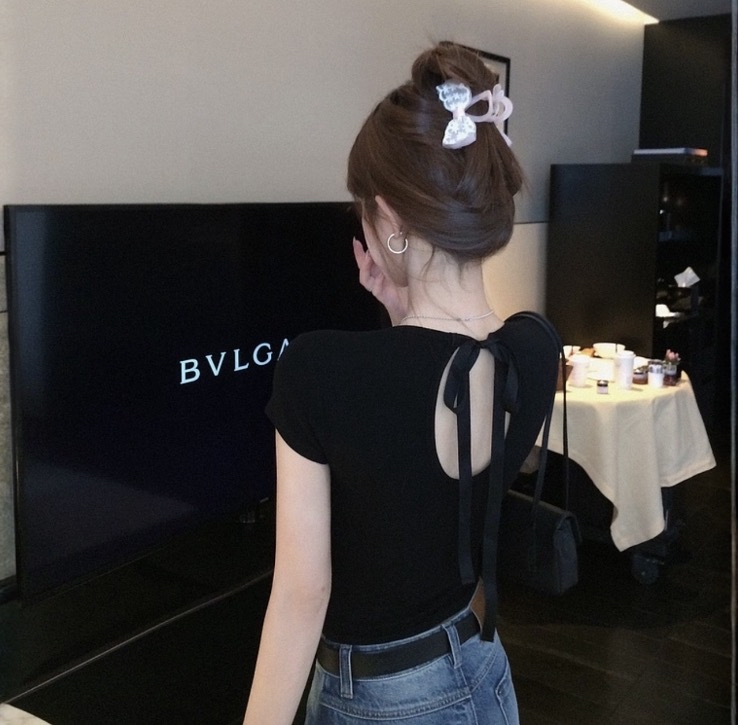 B57(5263) 韩版后U型镂空蝴蝶结绑带黑白上衣