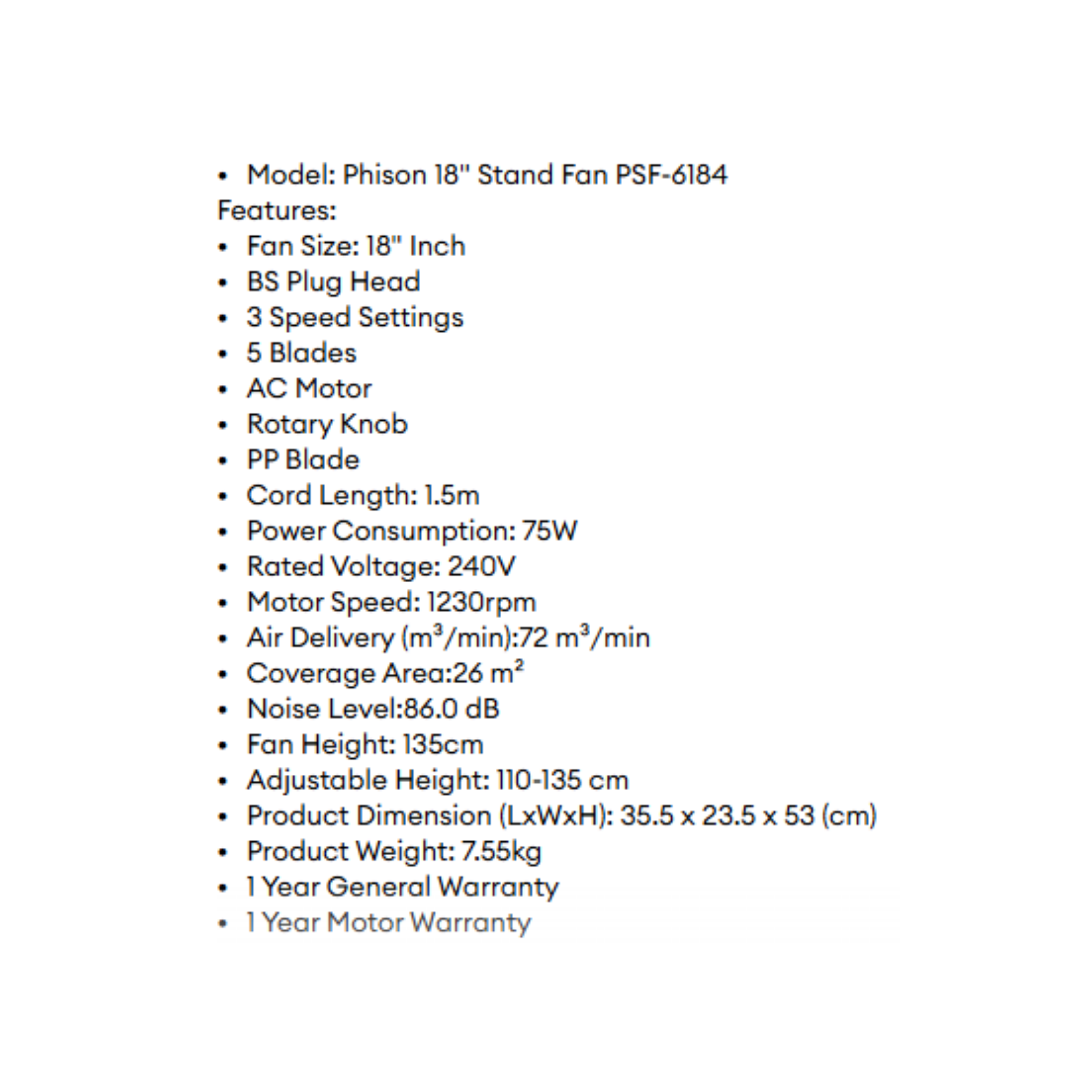 Phison 18" Stand Fan (PSF-6184)