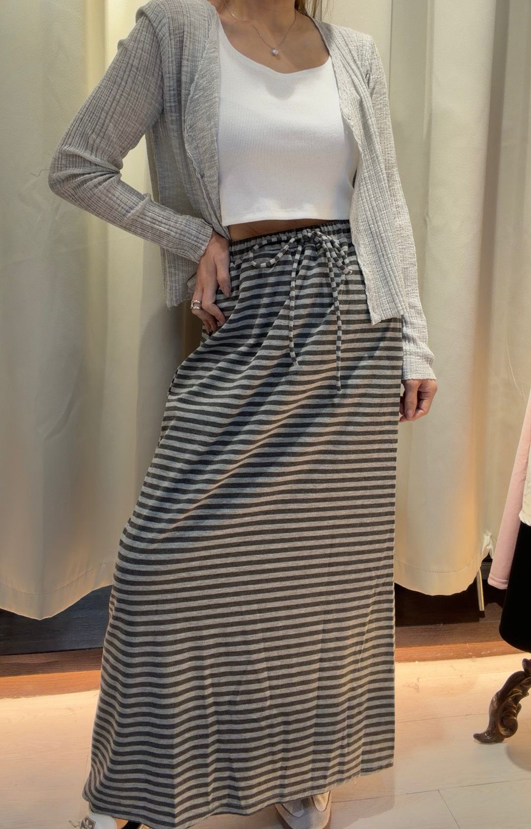 條紋抽繩棉質長裙