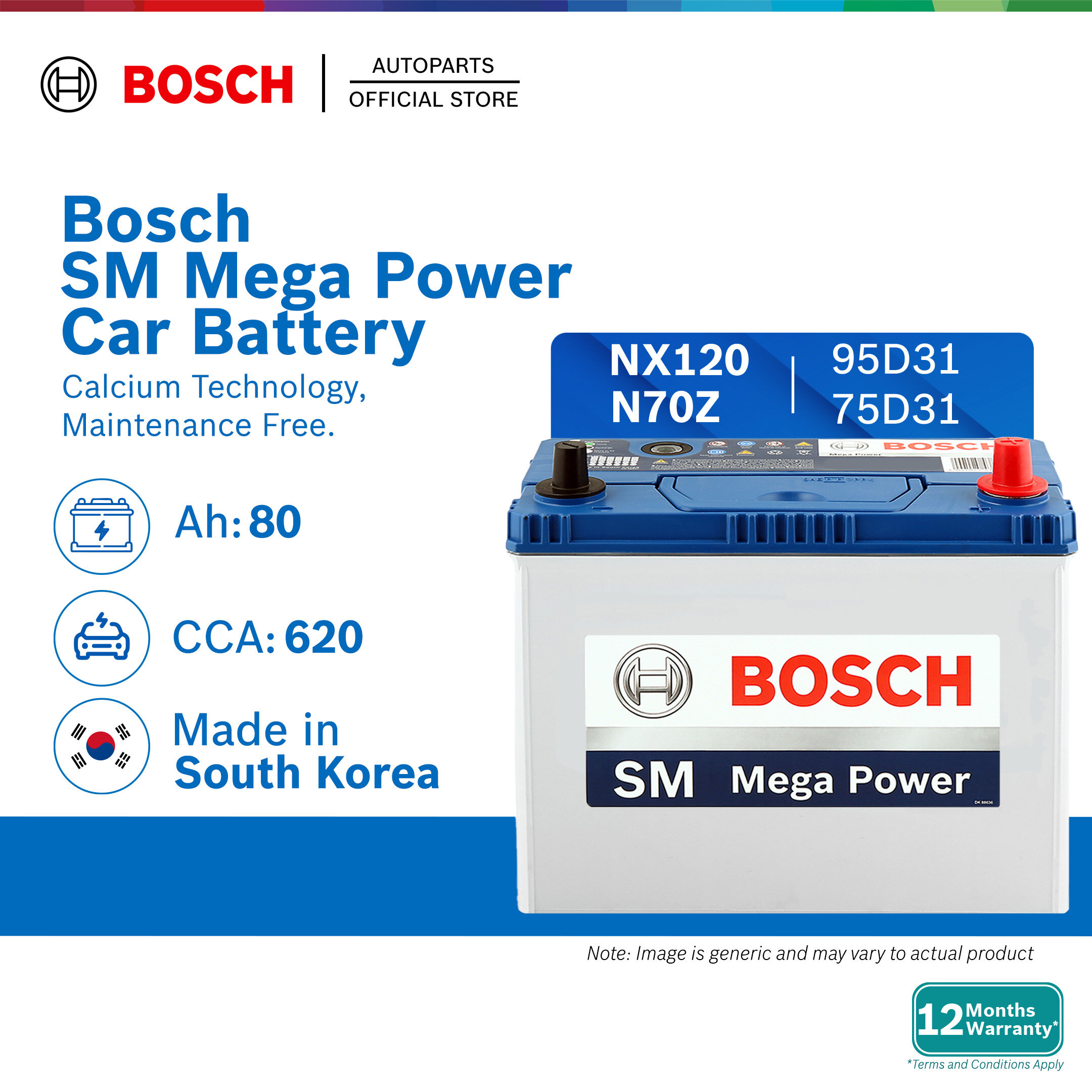 [DELIVERY ONLY] Bosch SM Mega Power Car Battery NX120-7L7R 95D31L 95D31R N70ZL 75D31L 75D31R