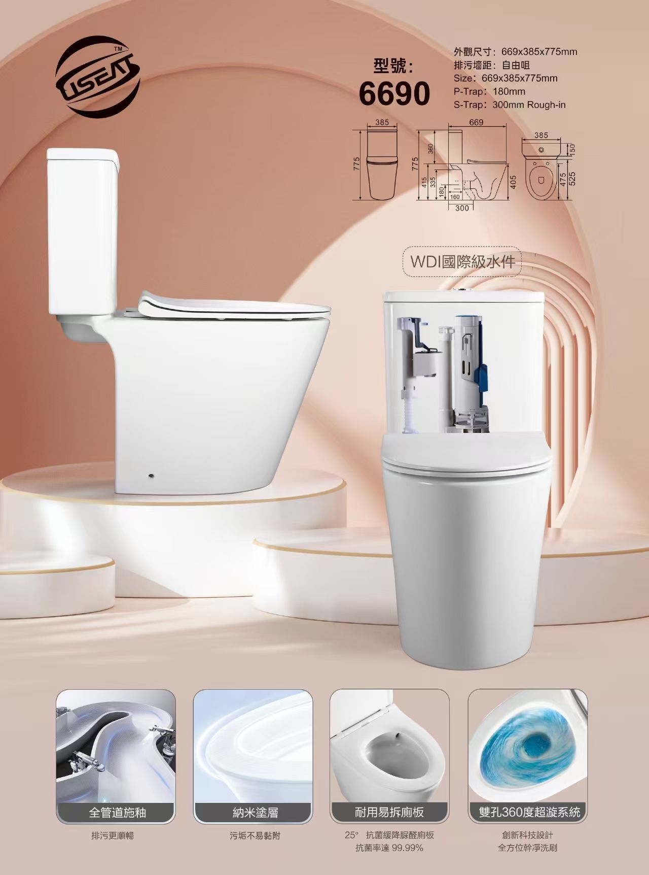 USEAT U6690 / 6690 RIMLESS 新款 旋渦式分體自由咀座廁（送英國風琴喉）