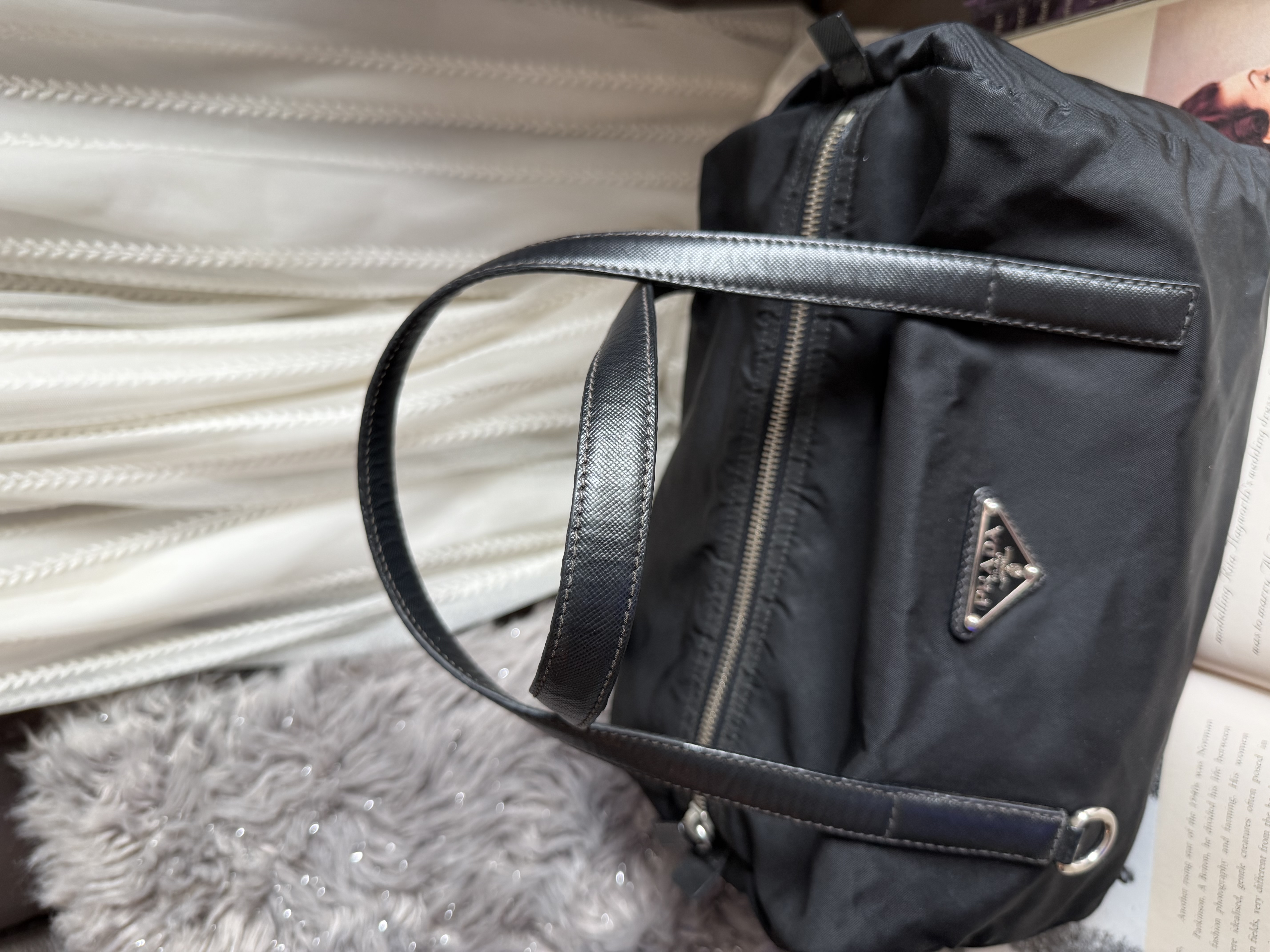Prada black nylon / leather shoulder tote bag