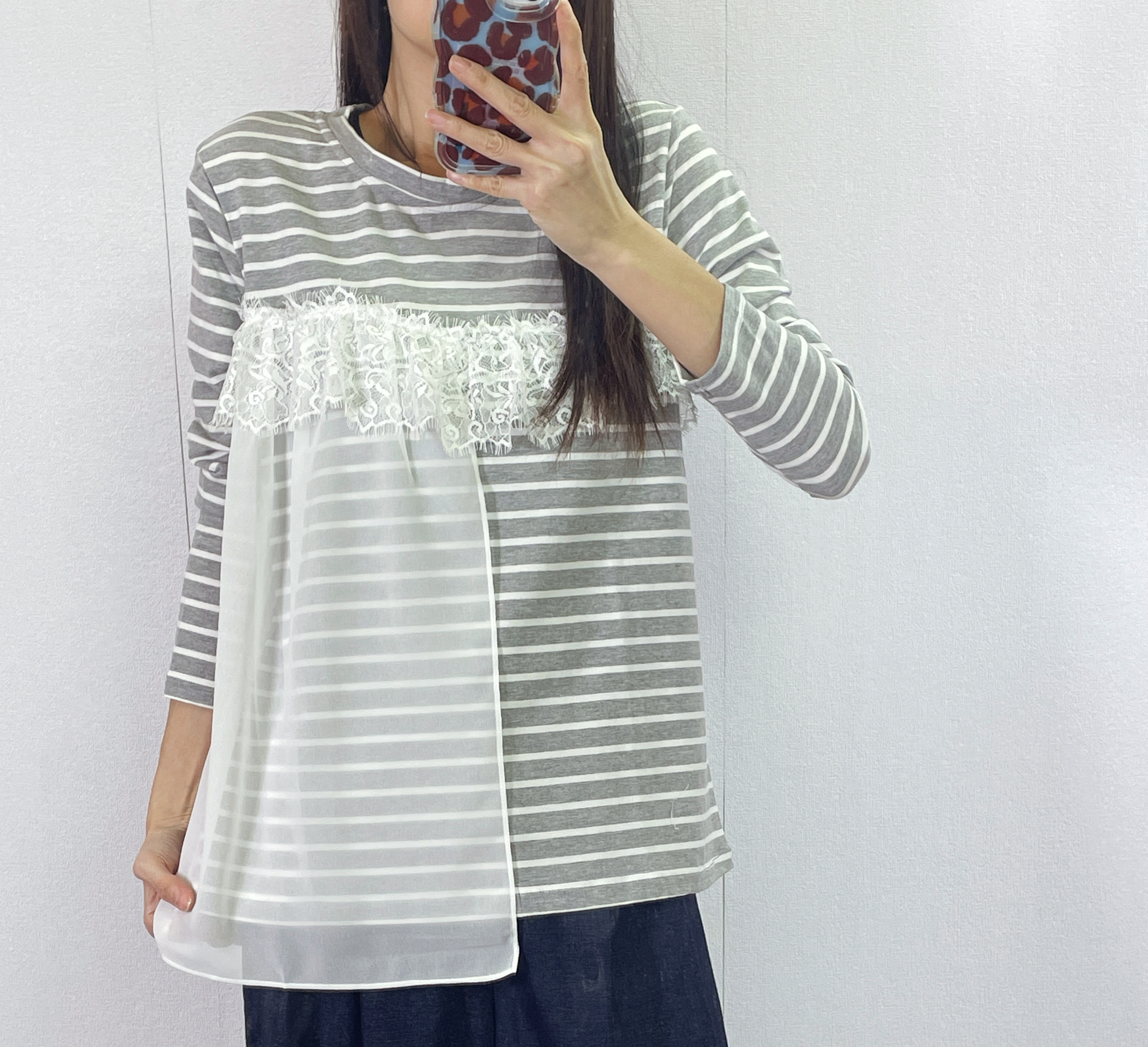 ⭐️Sale⭐️ #10-1187 橫間拼雪紡長袖top