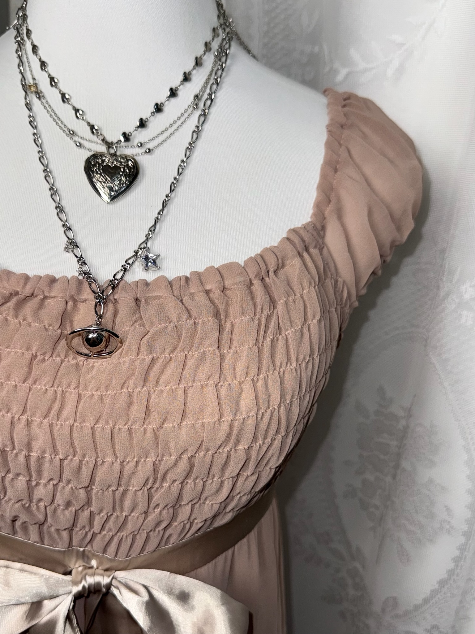 Taupe Smocked Milkmaid Tiered Dress