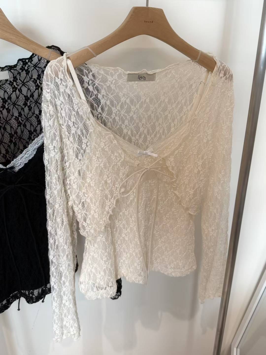 【 Goodbye Winter✨菱格蕾絲綁帶短版外套🫧🤍 】Delight Lace Outer