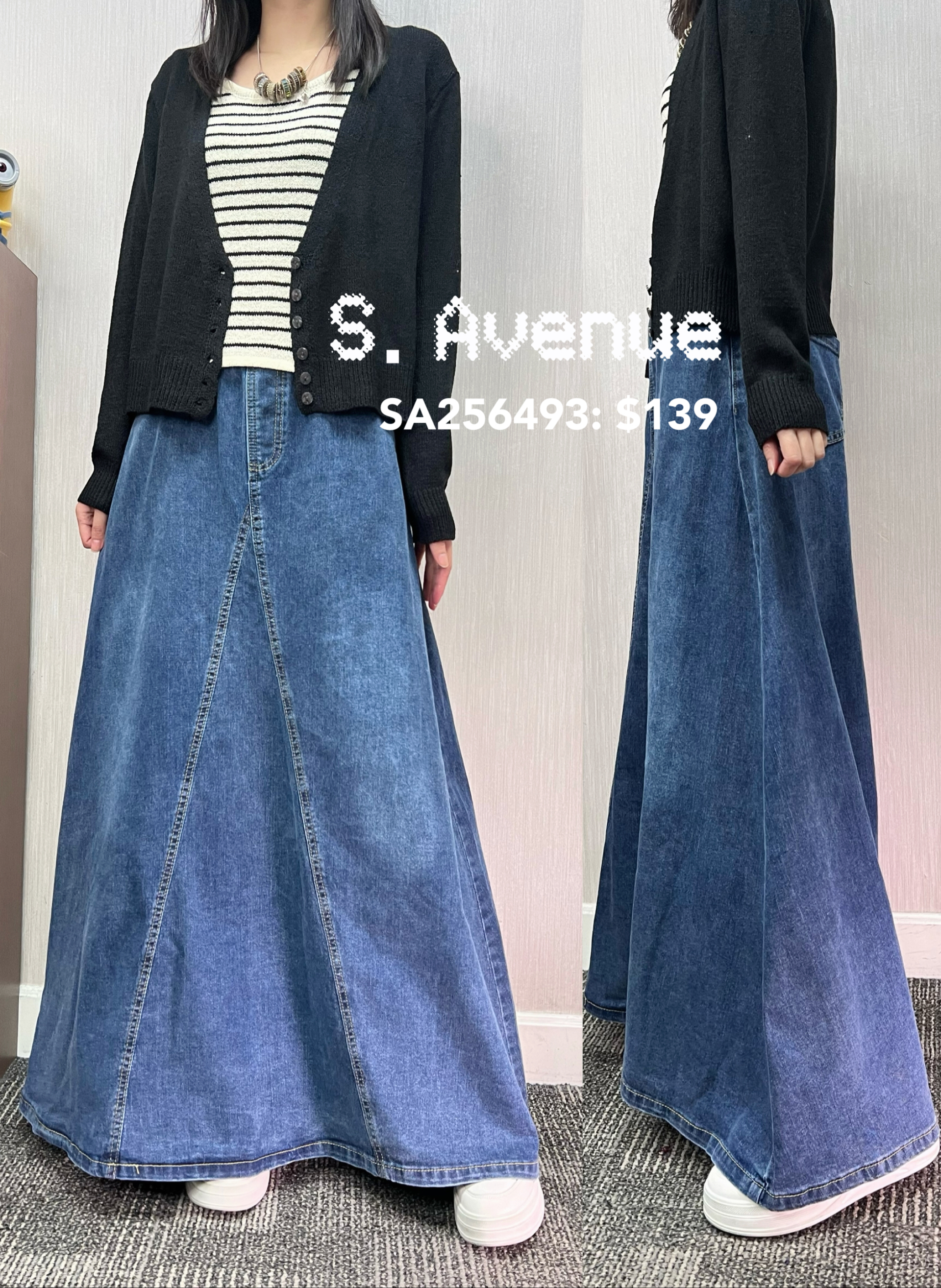 SA256493: 橡筋腰前有鈄骨長身牛仔長裙