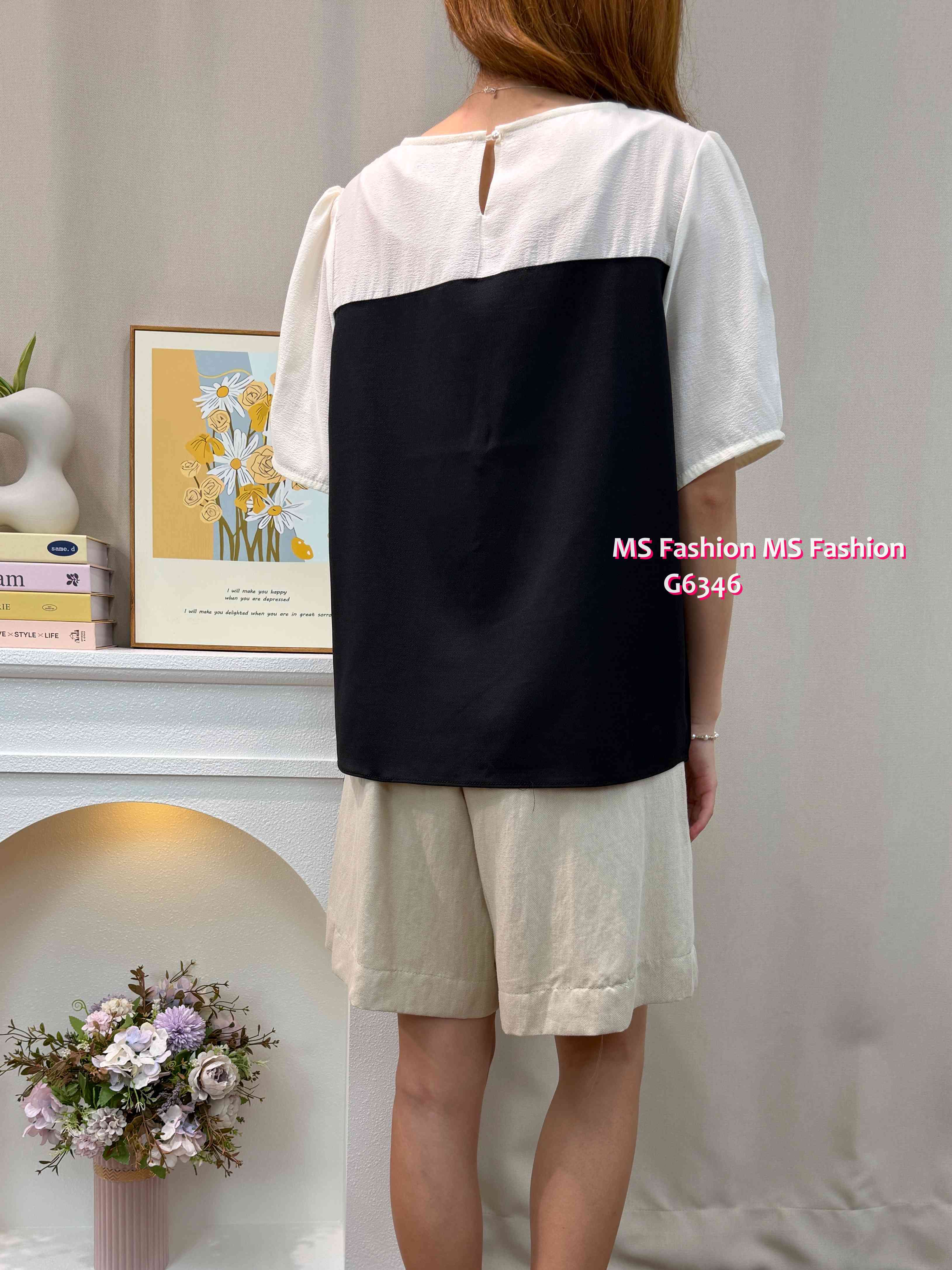 G6346 靚料拼色V lace top