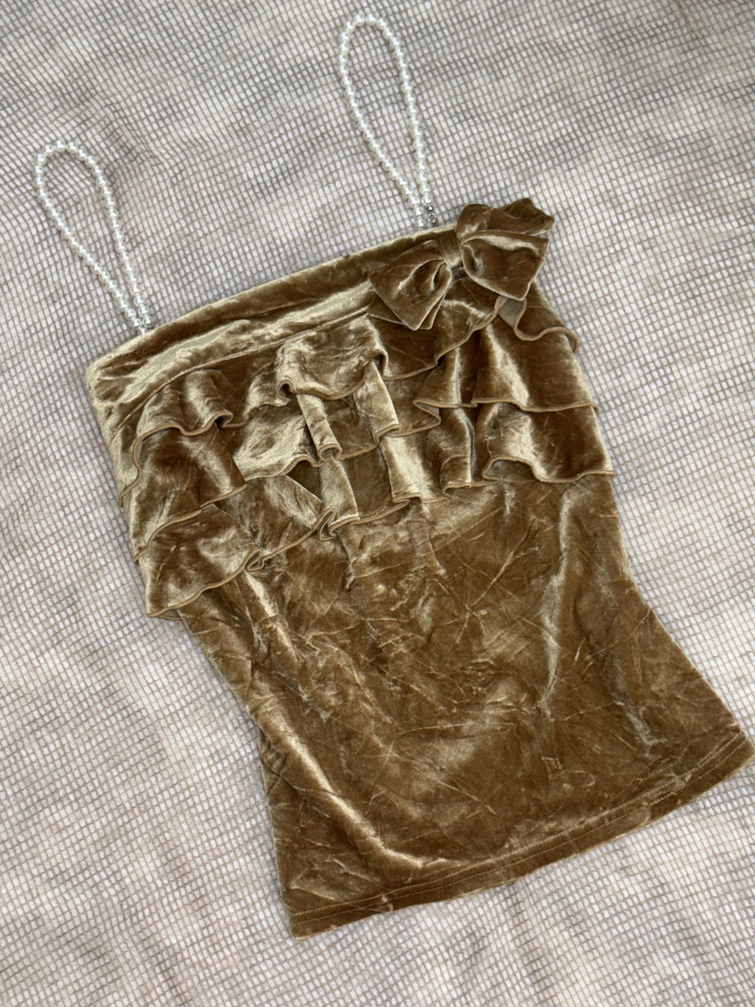 Vintage Velvet Ruffled Cami with Pearl Straps