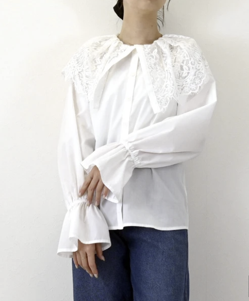 蕾絲領口糖果袖襯衫 - 2026 流行穿搭  長䄂襯衫 春夏時尚穿搭 柔軟舒適 優雅日常 易於配搭 日本直送   #JP-I-260026