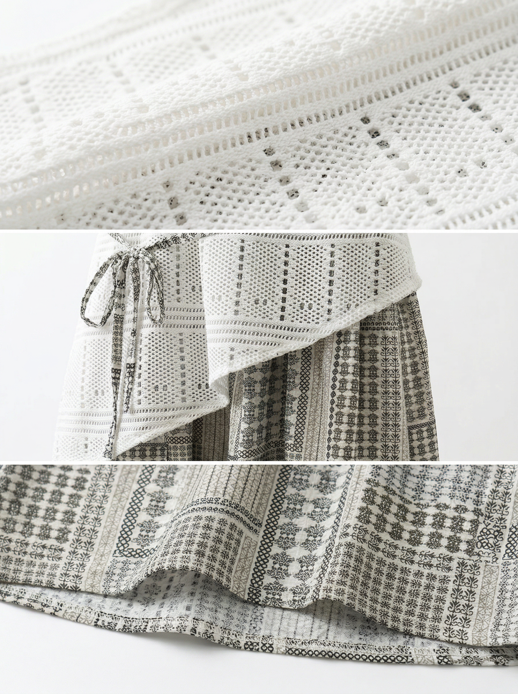 米白色蕾絲鏤空荷葉邊不對稱連衣裙