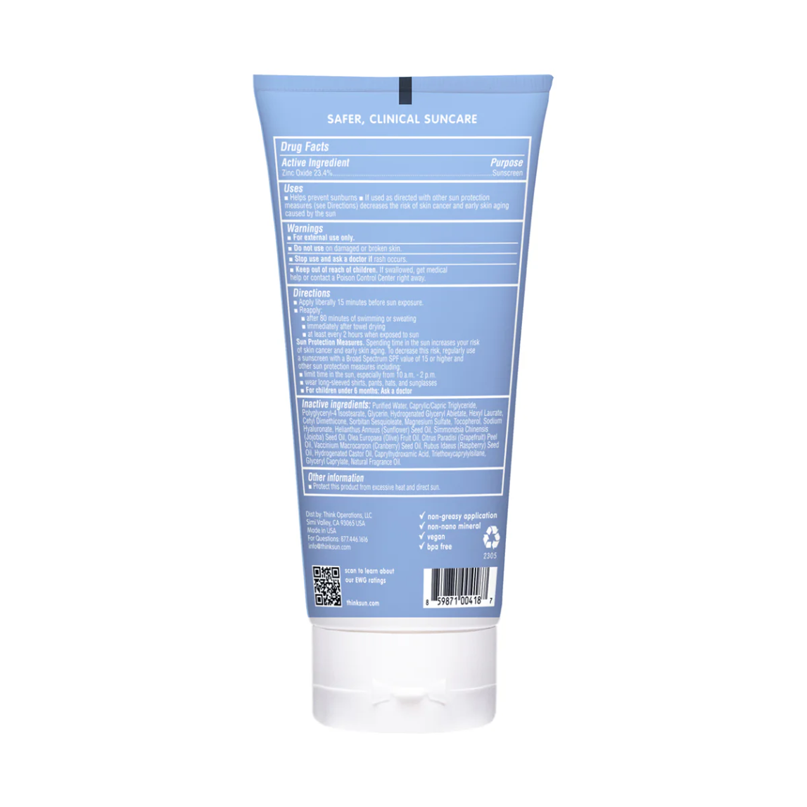 Think Thinksport Safe Sunscreen SPF 50+ 6oz (177ml) – 美國製造 礦物物理防曬霜 防水防汗 適合運動 (無化學成分 香港行貨)