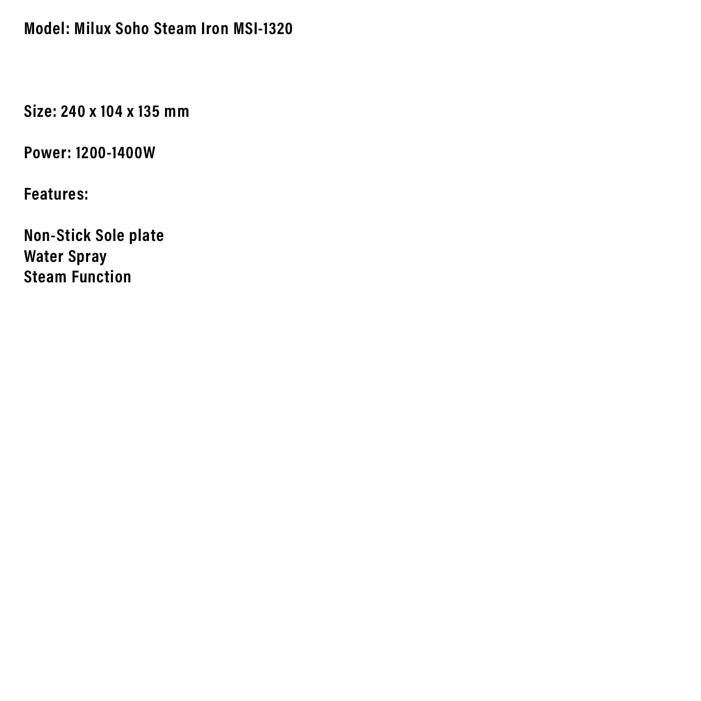 Milux 1200W Soho Series Steam Iron (MSI-1320)