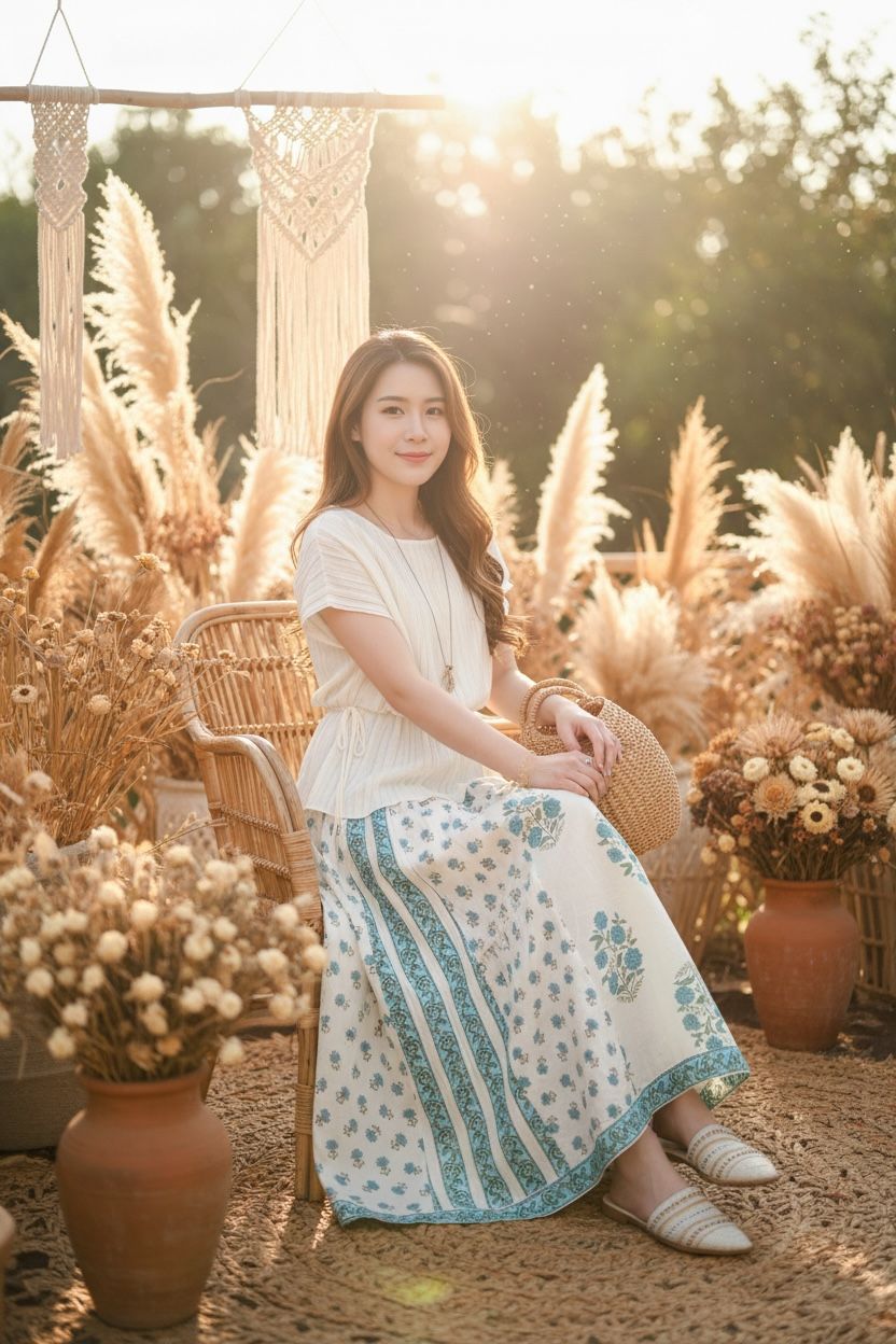 520 White with Green Print Skirt