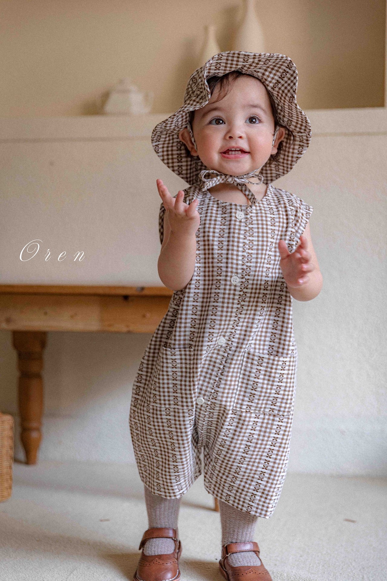 ☀️預訂 韓國直送☀️🇰🇷Oren Camille 棕色提花背心連身服/漁夫帽