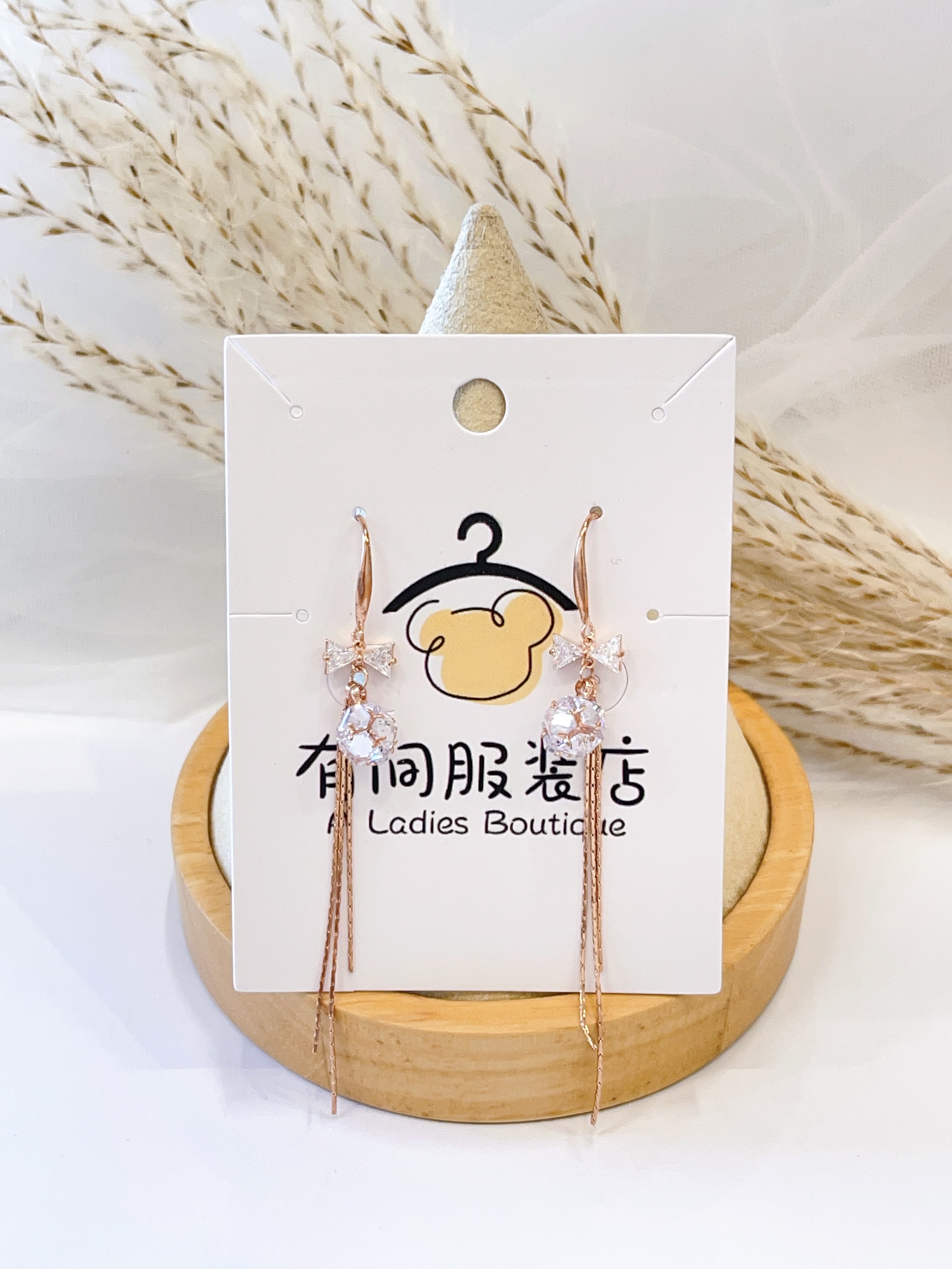 气质蝴蝶结锆石流苏耳环