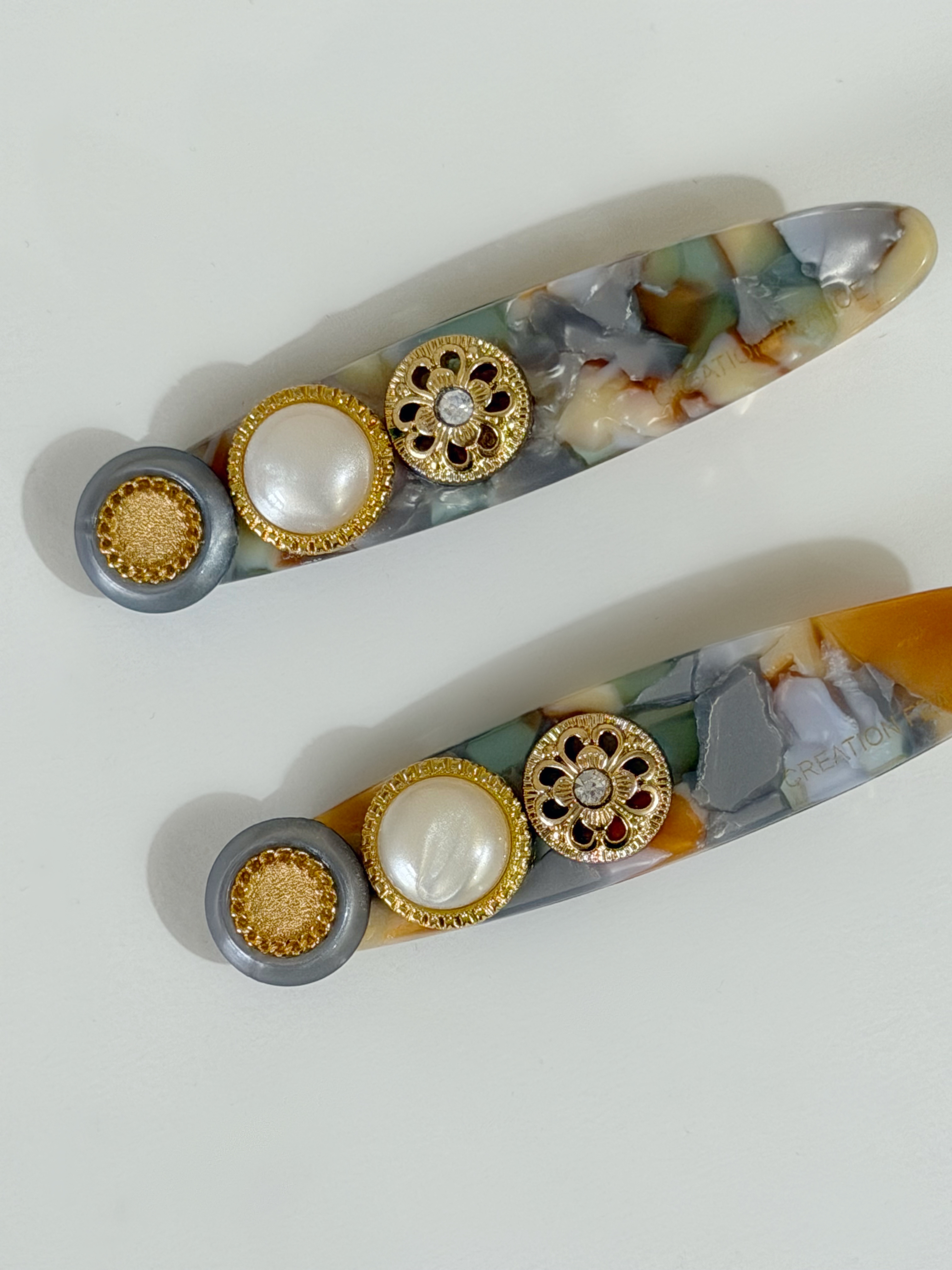 復古鈕扣髮夾/珍珠橙綠混色夾 6cm長