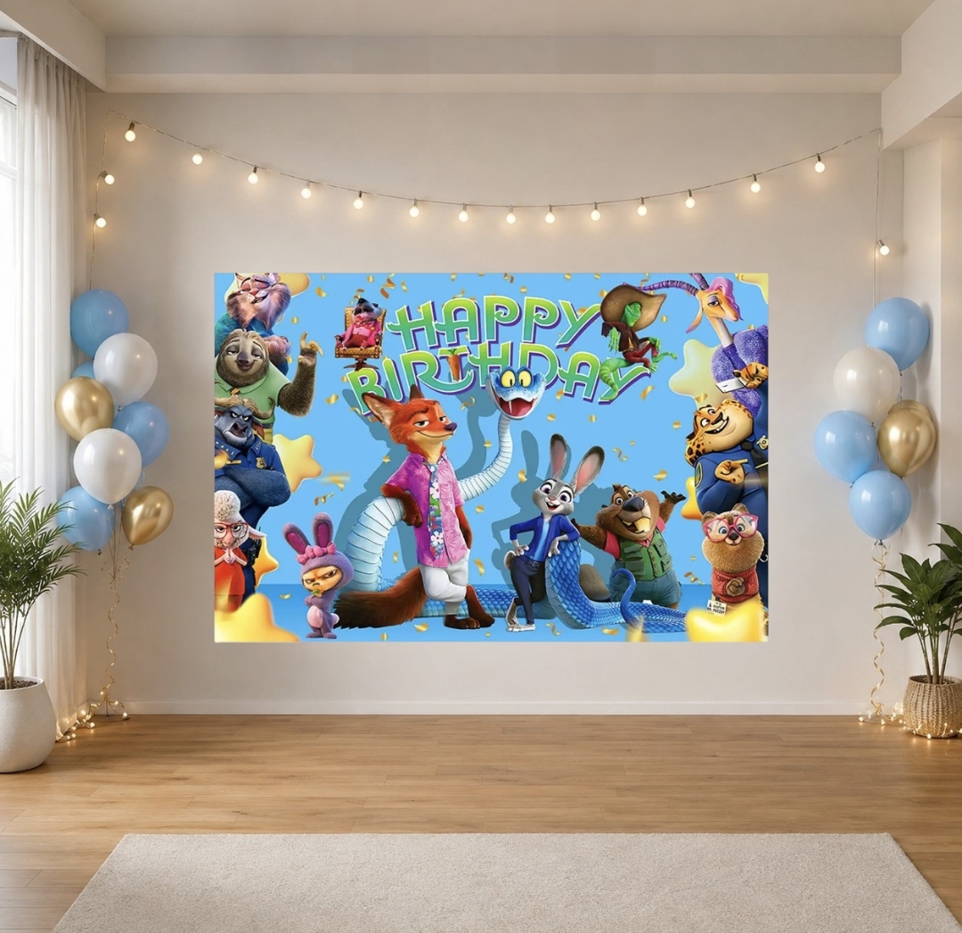  （C）Zootopia主題Happy Birthday Party Backdrop 拍照背景布