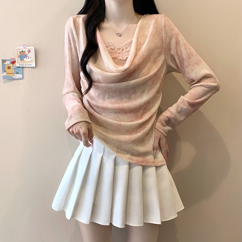 B118(3989) 韩系纯欲风晕染雪纺假两件里拼蕾丝边荡领褶皱3色上衣 