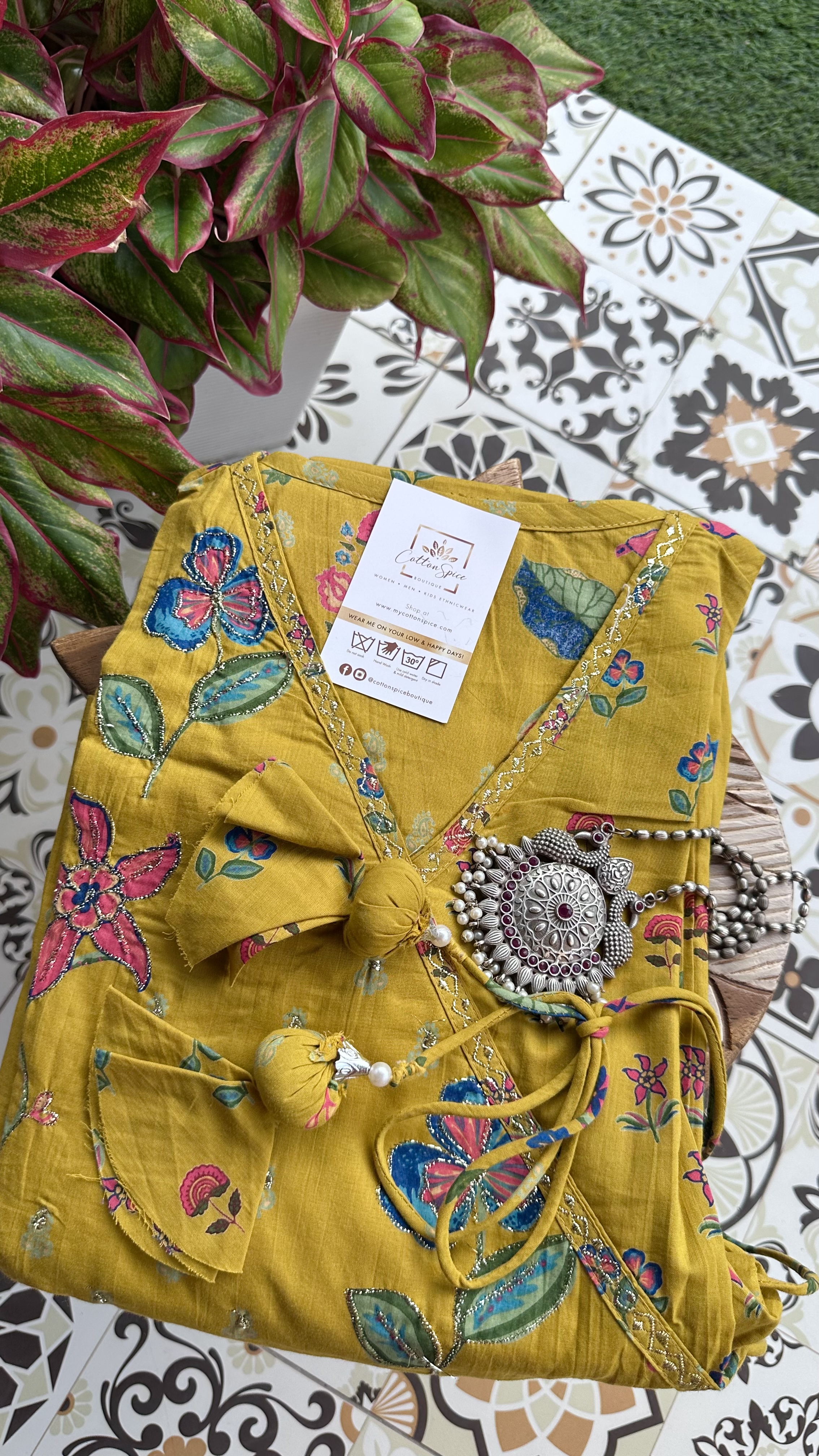 Mustard Floral Cotton Anarkali set