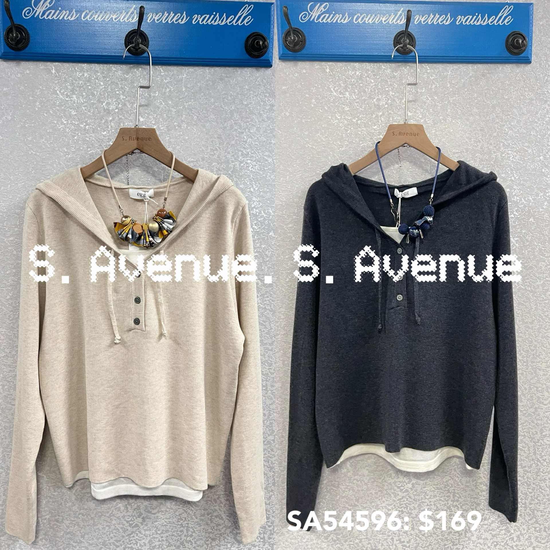 SA54596: 長袖有帽假兩件冷top