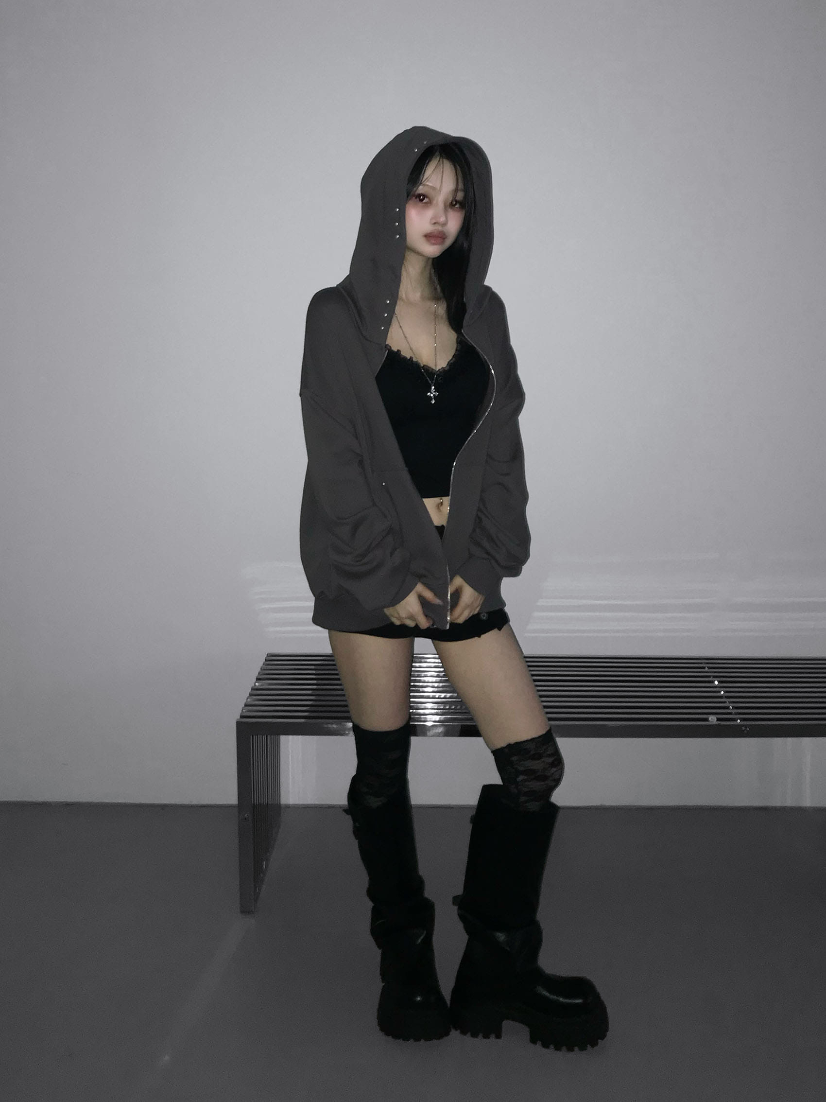 Cotton Studded Zip Hoodie