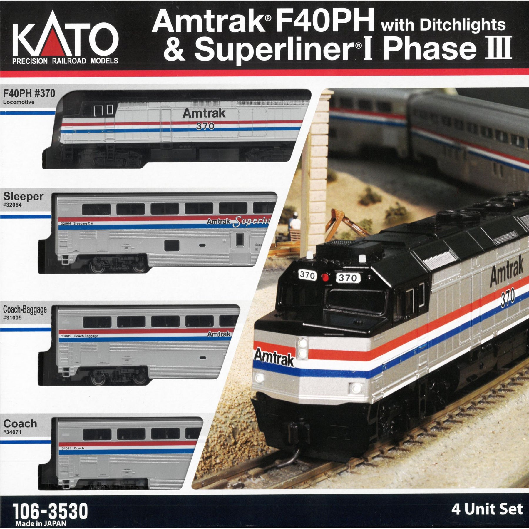 Kato 美鐵 Amtrak® F40PH 柴油機車與 Superliner® Phase III 雙層客車 4 輛組（預裝 DCC 數碼音效版）