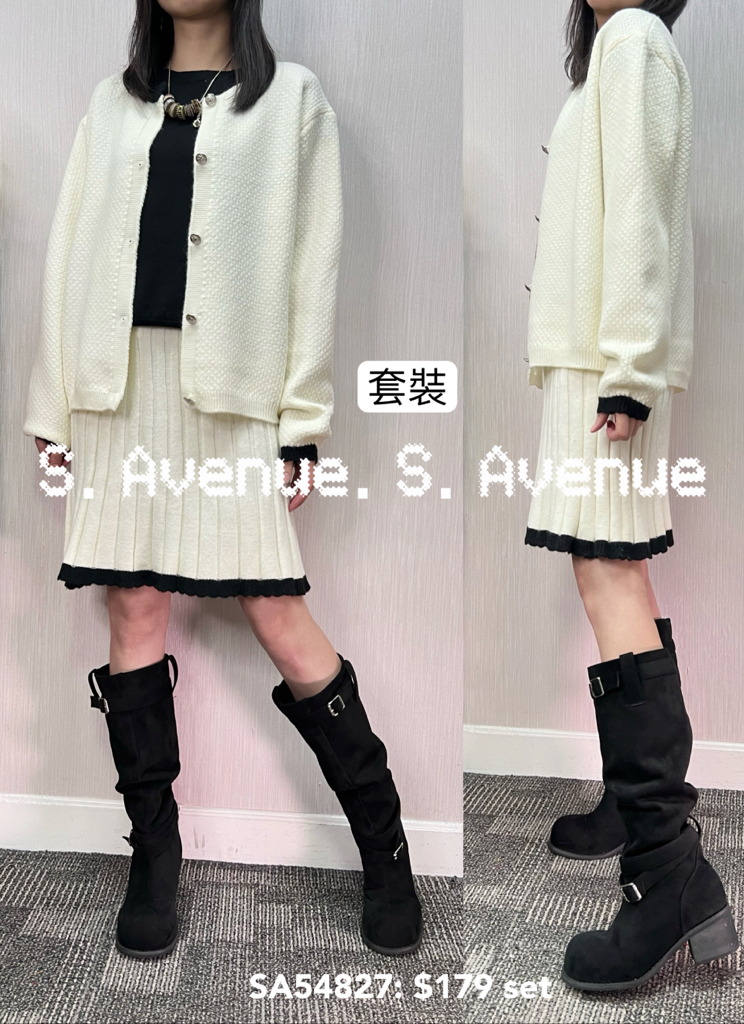 SA54827: 撞色邊長袖有鈕外套+百撍短裙套裝