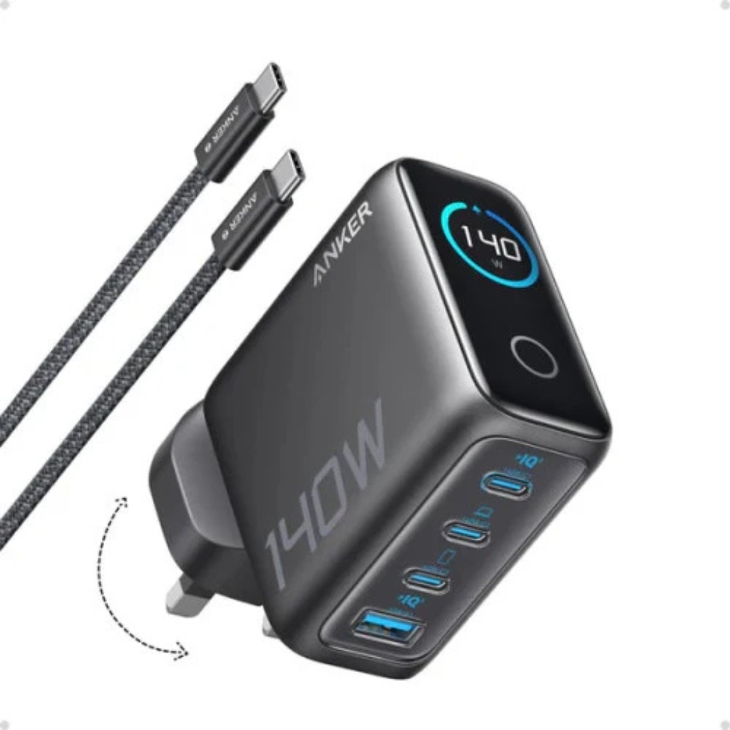 Anker 140W GaN 快充｜1 USB‑A + 3 USB‑C 端口・PD 3.1・Smart Display 智能顯示｜附 USB‑C 高速充電線｜香港行貨