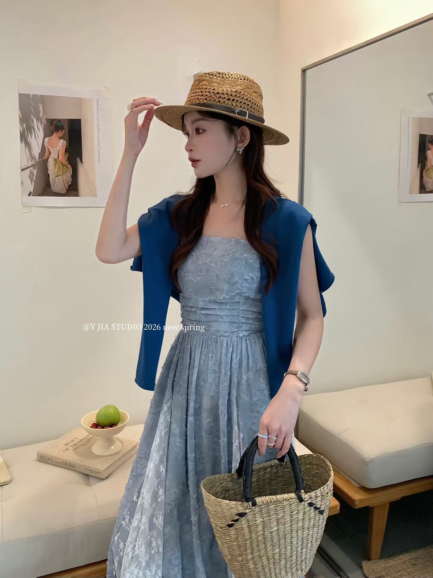 1746 Misty Blue Cami Dress Set雾蓝提花长裙套装