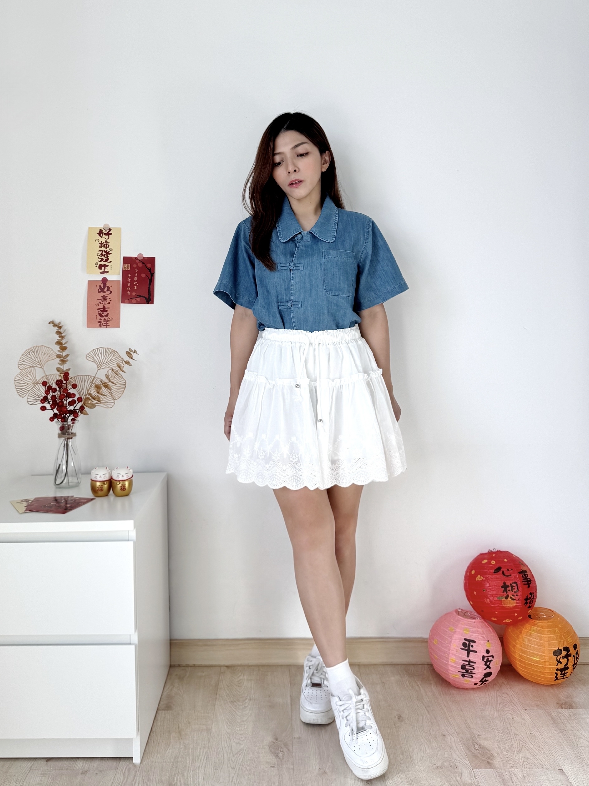 Oriental Polo Denim Blouse 新中式盘扣牛仔上衣 (1 colour )