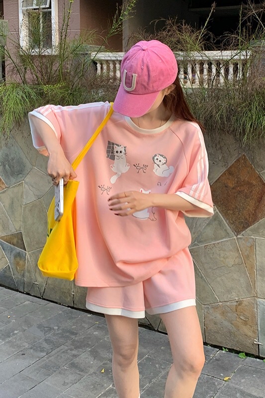 B287(569311) 韩系温柔休闲风小猫印花上衣与短裤粉蓝套装