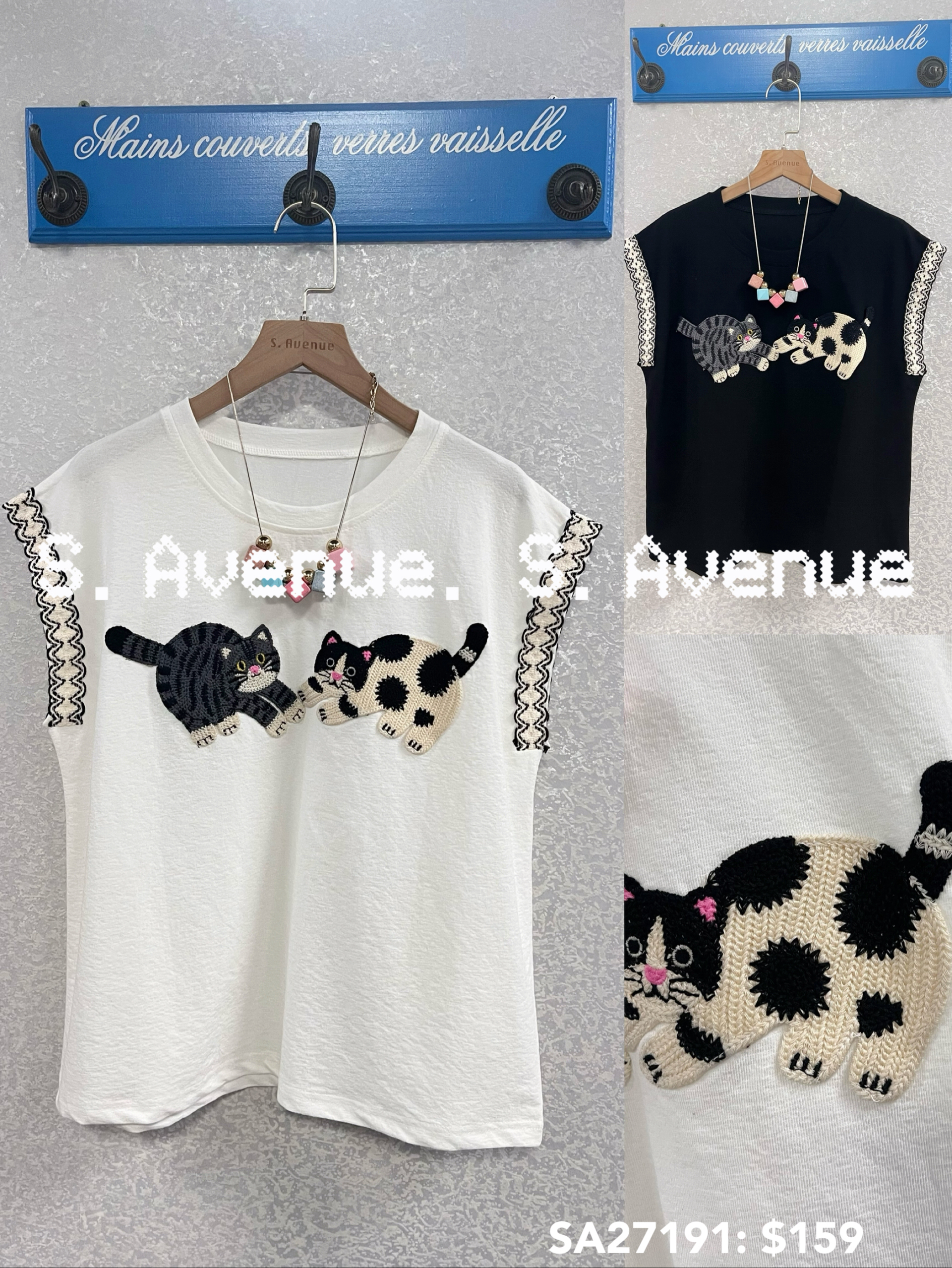 SA27191: 短袖繡貓貓繡袖邊tee