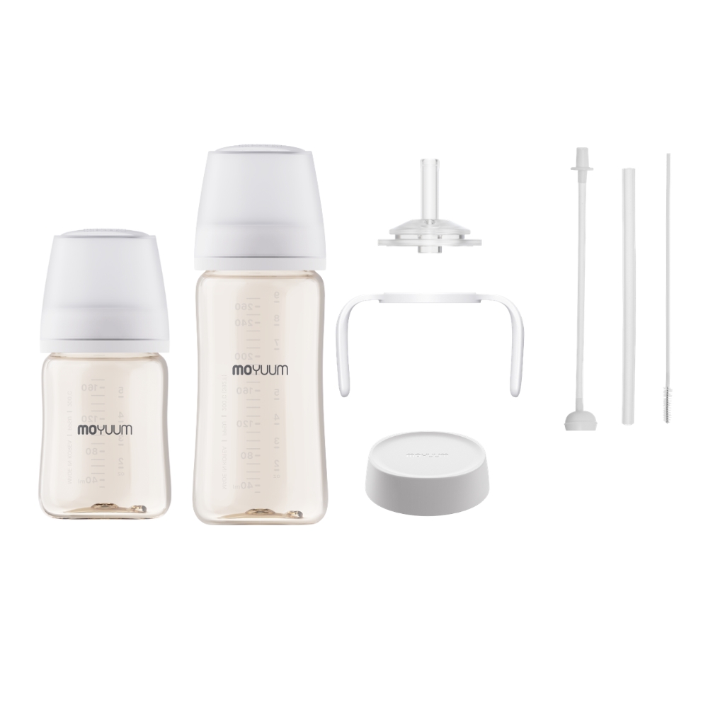 Moyuum - PPSU 寬口防漲氣奶瓶170+270ml(白色)+寬口奶瓶防漏學習吸管套裝(白色)送奶瓶蓋配件(白色)_MY280